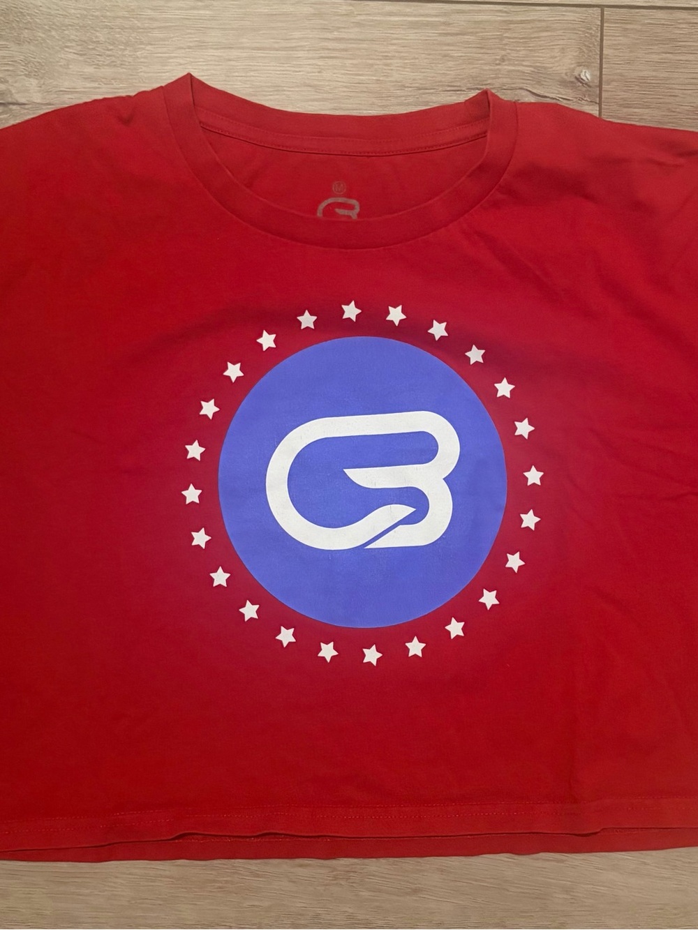 Cyclebar Red Crop Top with Blue & White Logo